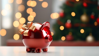 A rich red piggy bank adorned with a holiday bow, placed under a Christmas tree as a reminder of the importance of saving during the festive season