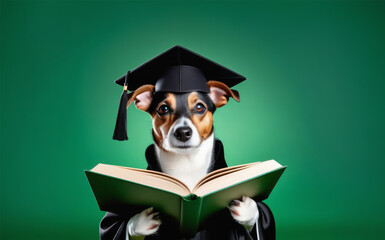 Smart dog holding open book on an green background with space for text, education concept.
