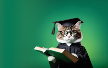 Smart cat in academic hat holding open book on an green background with space for text, education concept.