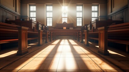 A quiet, empty courtroom after hours, the setting sun casting long shadows over empty seats and a deserted judge s bench, evoking the solemnity and weight of legal proceedings