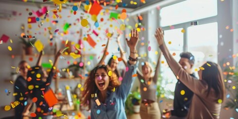 Group of friends celebrating with confetti, expressing happiness and excitement indoors. - obrazy, fototapety, plakaty