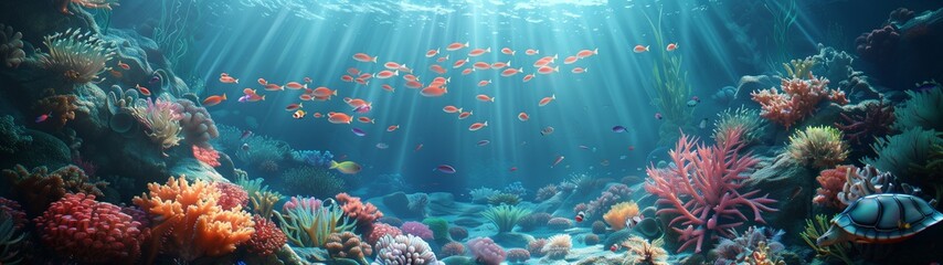 Underwater World Map with Coral Reef and Marine Life