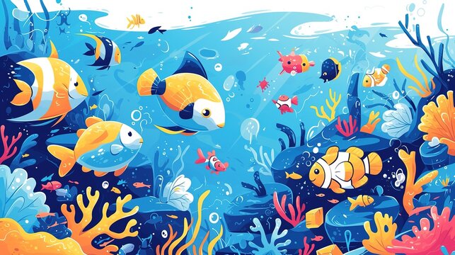 Coral reef sea life seamless banner. Undersea landscape with cute crab, starfish, golden fish, bannerfish, blue and yellow tang, zebrasoma, clownfish, seahorse and corals.
