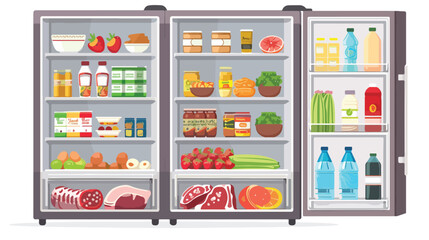 Fototapeta na wymiar Modern refrigerator with opened door full of various