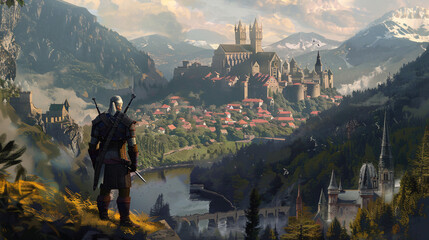 Illustration of witcher standing in fantasy landscape