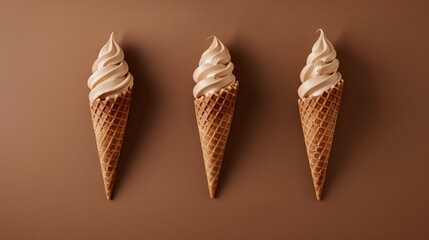 Three vanilla soft serve ice creams in waffle cones on a brown background