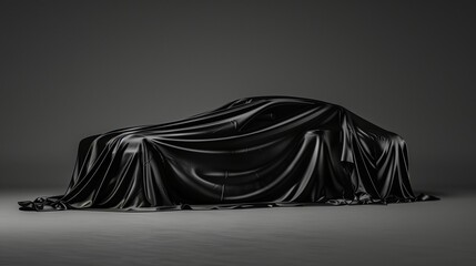 Presentation of a car covered with a black cloth on a dark gray background. Concept car