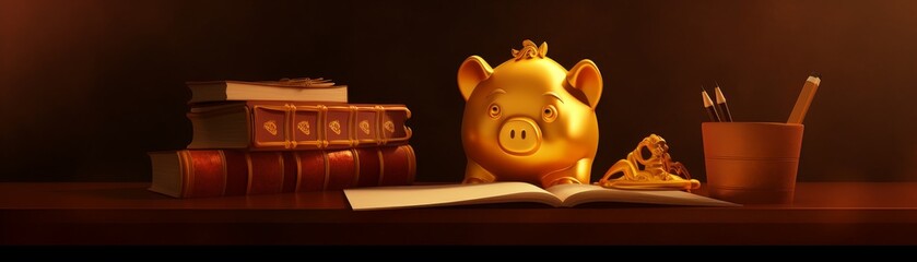 A luxurious setting featuring a golden piggy bank on a rich mahogany desk, surrounded by stacks of gold coins and financial ledgers, symbolizing prosperous wealth management