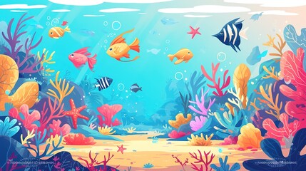 Fototapeta na wymiar Coral reef sea life seamless banner. Undersea landscape with cute crab, starfish, golden fish, bannerfish, blue and yellow tang, zebrasoma, clownfish, seahorse and corals.
