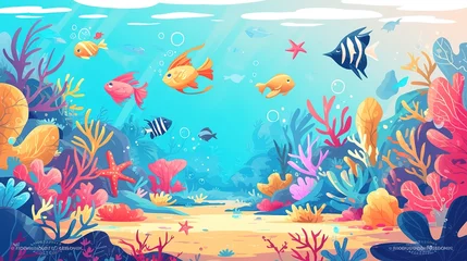 Poster Coral reef sea life seamless banner. Undersea landscape with cute crab, starfish, golden fish, bannerfish, blue and yellow tang, zebrasoma, clownfish, seahorse and corals. © mangsi