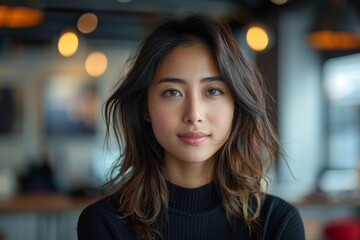 A stylish woman with modern curly hairstyle stands in a trendy, well-lit restaurant setting