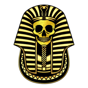 recommend clip art: A graphic design featuring an ancient Egyptian Pharaoh Skull adorned with two-tone gold with cobra asp snake headdress.