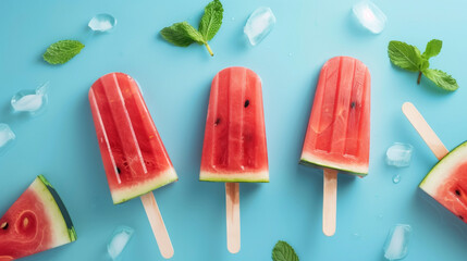 Watermelon slice popsicles on sticks with ice and mint leaves on a blue background. - obrazy, fototapety, plakaty