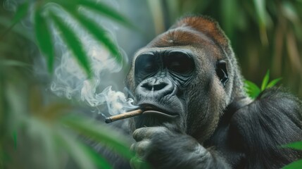 Gorilla with a cigar in his mouth smoking in the jungle