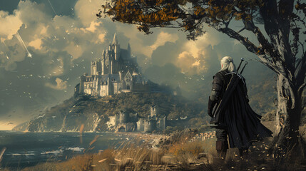 Illustration of witcher standing in fantasy landscape