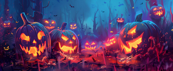 Halloween Pumpkins In A Spooky Forest At Night With Evil Eyes.  - obrazy, fototapety, plakaty