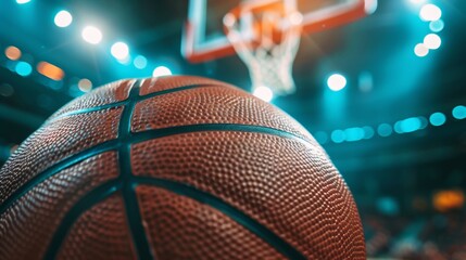 A detailed texture of a basketball with a blurred hoop in the background.