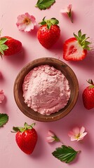 Organic strawberry extract powder on wooden bowl, natural ingredient for baking or skincare