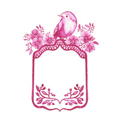 Pink frame with space for copying text, decorated with flowers and a bird. Hand drawn watercolor painting on white background