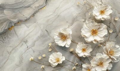 Marble stone background with white abstract flowers