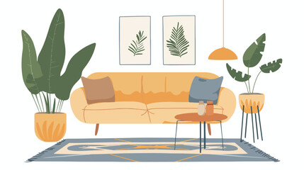 Modern living room with sofa torchere and houseplant. - obrazy, fototapety, plakaty