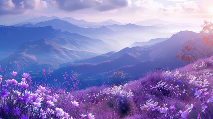 Purple flowers in foreground, mountains & valley in background - obrazy, fototapety, plakaty