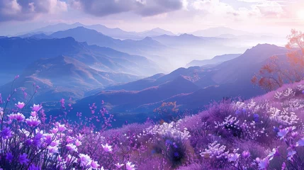Foto op Canvas Purple flowers in foreground, mountains & valley in background © 2rogan