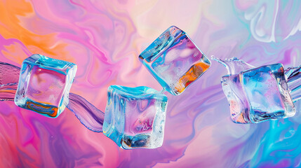 four ice cubes suspended in mid-air against a backdrop of vibrant colors their angular forms and...