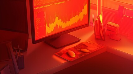 A financial analyst s workstation with vibrant red graphs on the screens, a visual metaphor for the risk and potential rewards of engaging in volatile markets - obrazy, fototapety, plakaty