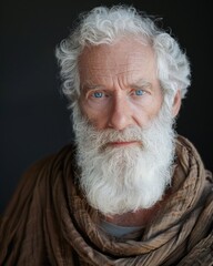 Middle aged man white hair, white beard, blue eyes, wearing antique biblical clothes. Highly detailed fine art portrait.