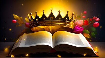 Golden crown adorned book with blooming roses, symbolizing knowledge, royalty, and elegance in fantasy literature