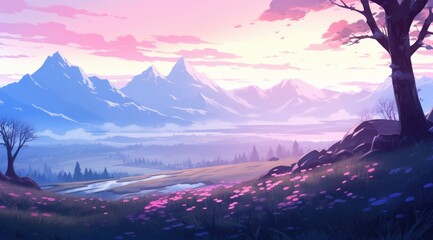 Serene meadow with frosty morning light and mountain backdrop - obrazy, fototapety, plakaty