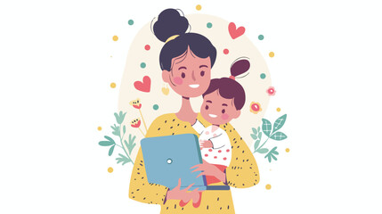 Mom with baby holding laptop. Hand drawn style vector