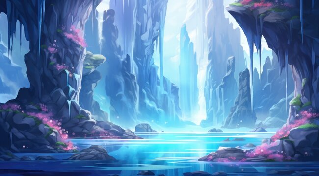Serene frozen waterfall sanctuary with icy cliffs and blossoms