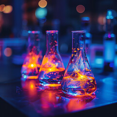 Image shows three glass beakers with colorful liquids on a table in a dimly lit room.