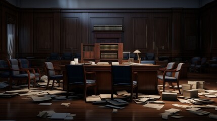 A dimly lit courtroom with empty chairs and a stack of bankruptcy files on the judges bench, conveying the aftermath and serious consequences of financial collapse - obrazy, fototapety, plakaty