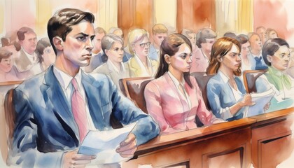 A defendant sitting nervously as they listen to witness testimony, the stress and gravity of the courtroom atmosphere palpably affecting all present - obrazy, fototapety, plakaty