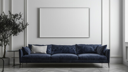 A touch of sophistication defines this minimalist living room, showcasing a sleek navy blue sofa and a pristine white empty frame hanging on the wall.