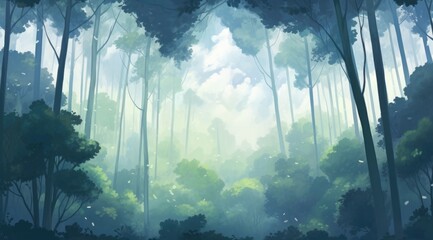 Misty eucalyptus canopy in elevated woods with a tranquil essence