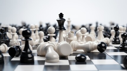 A conceptual art piece using black and white chess pieces scattered on a board, symbolizing the strategic and often unfair advantages in socioeconomic structures - obrazy, fototapety, plakaty