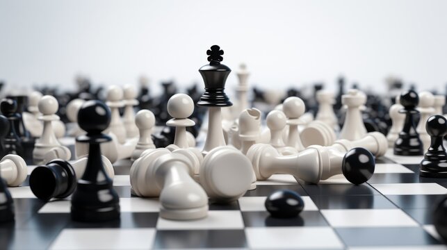 A conceptual art piece using black and white chess pieces scattered on a board, symbolizing the strategic and often unfair advantages in socioeconomic structures