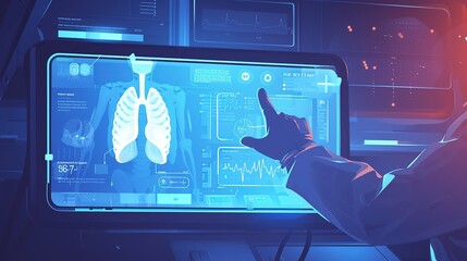 Lung scanning robot doctor diagnose disease on hand. Screen digital interface of system MRI scan of human body organ DNA analysis. Future health care innovation. Science medical technology. 
