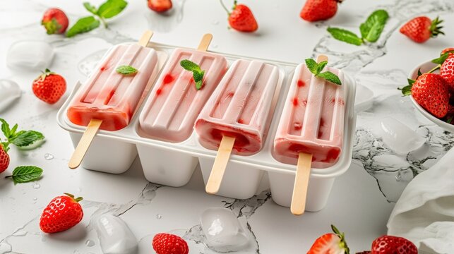 Freshly made strawberry popsicles in a mold with ingredients on a marble surface.