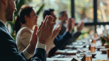 a group of professionals applauding after a successful product launch event in a sleek event space