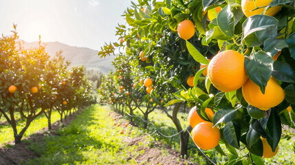 A  sun-dappled citrus grove, with rows of lemon and orange trees heavy with fruit, their vibrant colors brightening the landscape on a lazy summer afternoon.