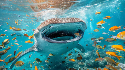 Underwater image of a whale shark swimming with a school of colorful fish