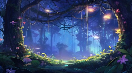 Mystical forest glade illuminated by ethereal fireflies - obrazy, fototapety, plakaty