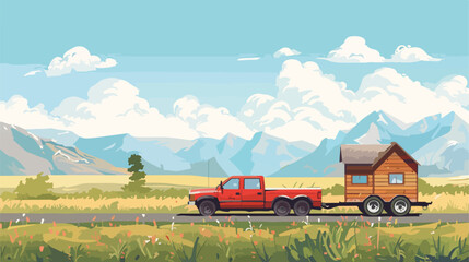 Pickup truck towing a tiny house on a wheeled chassis - obrazy, fototapety, plakaty