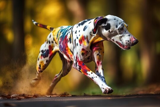 Pet Photography of Dalmatian Dog Running in Woods with Fresh Rainbow Bodypainting