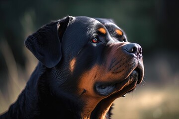 Portrait of Rottweiler Dog with Collar in Perfect Crisp Sunlight